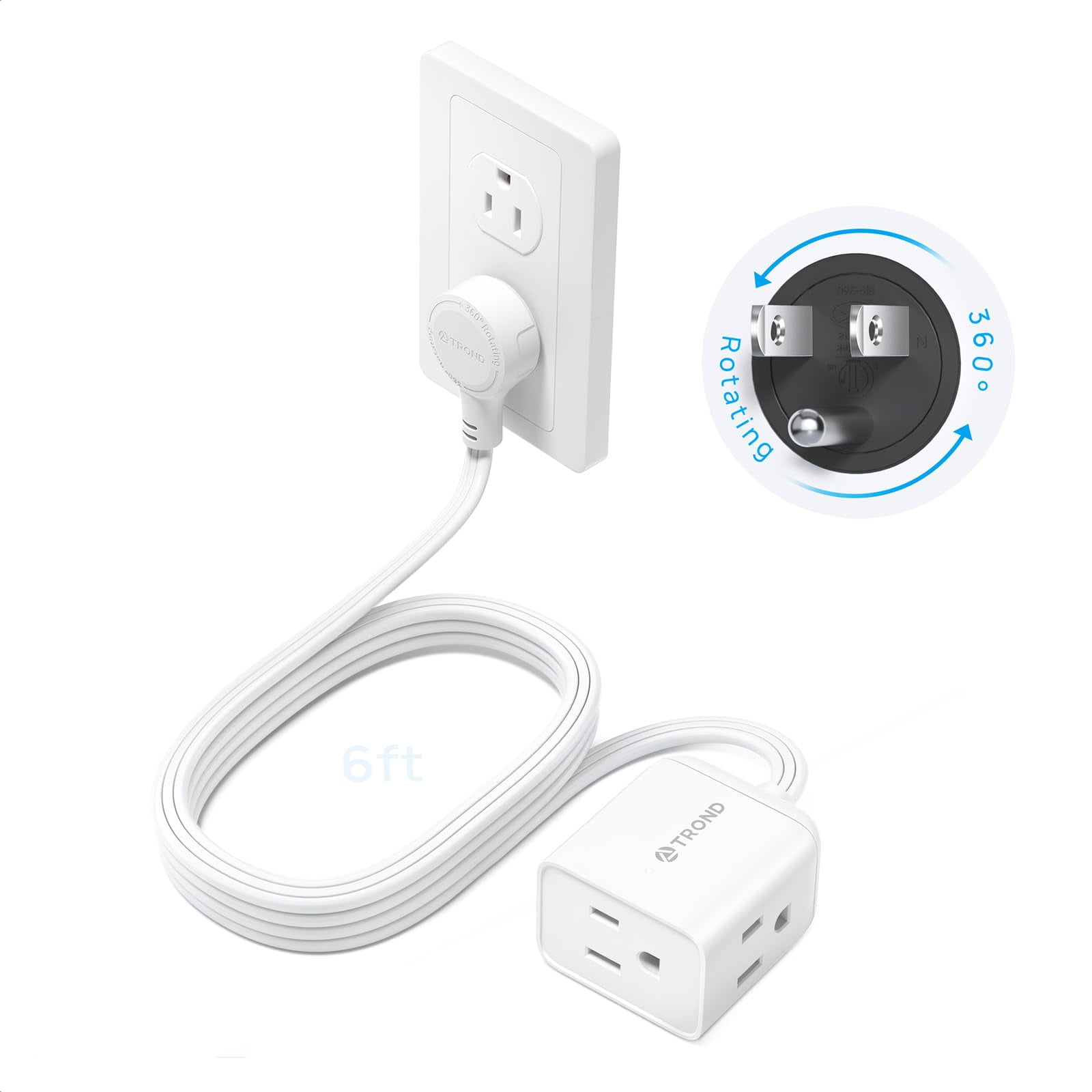 Cable De Extensión Trond Flat De 6 Pies Con Enchufe Giratorio De 360°, Blanco