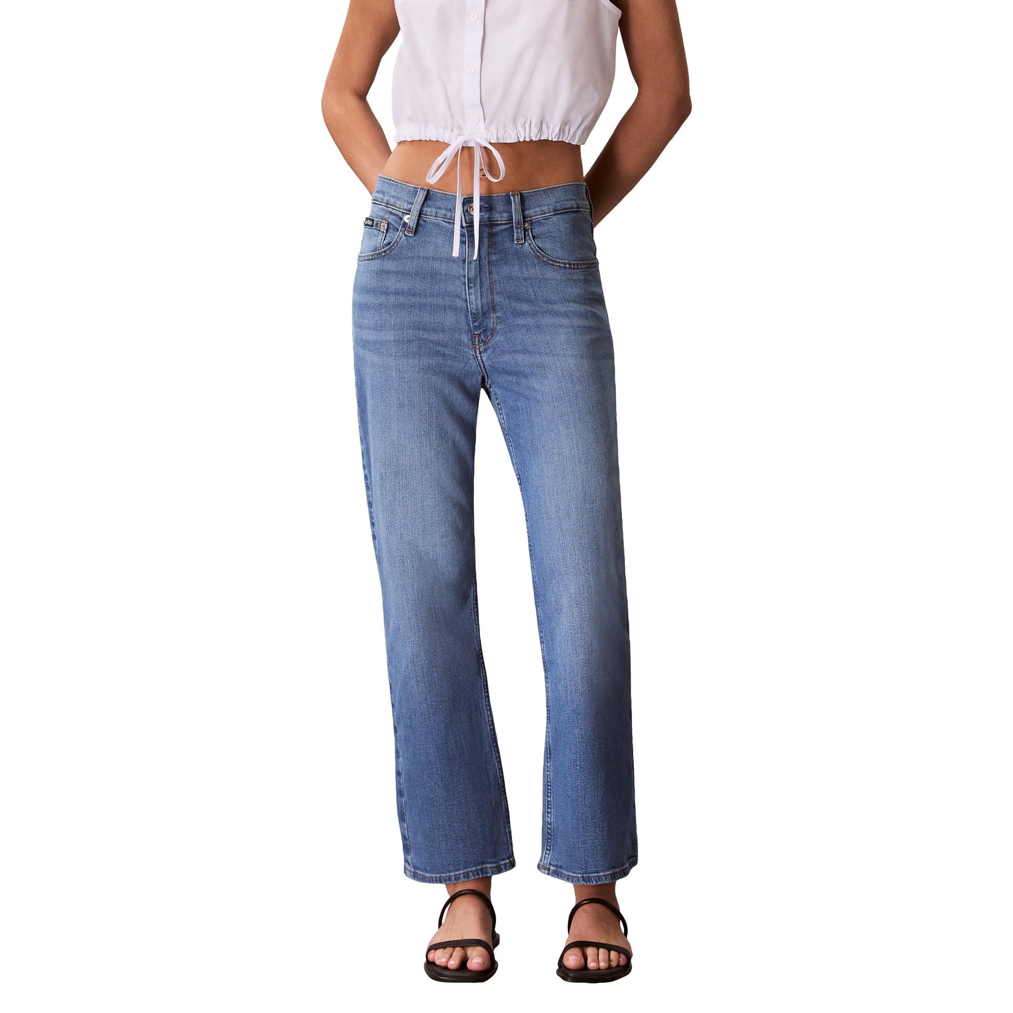 Pantalones Vaqueros Calvin Klein Para Mujer, Talle Alto, Color Azul