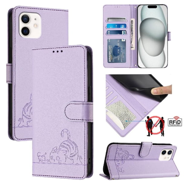 Funda tipo cartera FOXDOCK para iPhone 11 con soporte, ranuras, RFID, diseño de gato