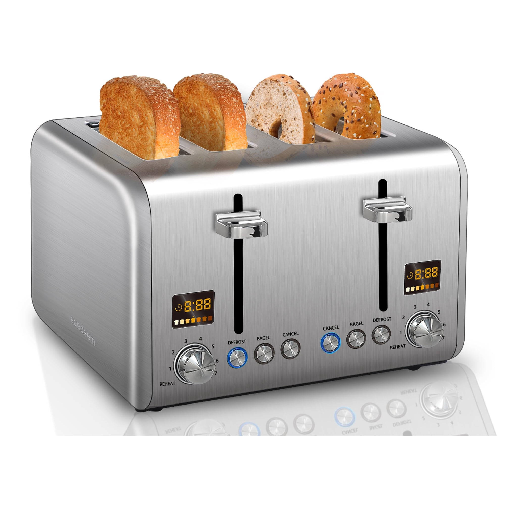 Tostadora Seedeem 4 Rebanadas De Acero Inoxidable 1800w Lcd Plateada