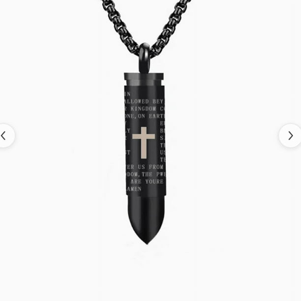 1pc Stainless Steel Bullet Pendant Necklace with Cross and Lords Prayer in English - 22 Inch Chain for Men