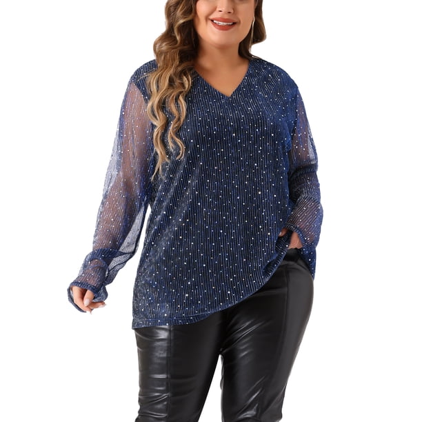 Agnes Orinda Trajes de Halloween para Mujeres Tallas Grandes Escuela Colegio Brillante de Piedras de Imitación Transparente Manga Larga Blusa con Cuello en V 3X Azul