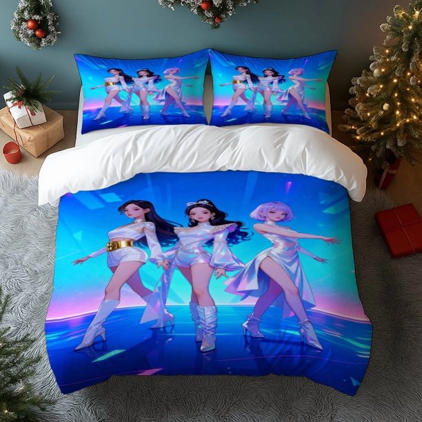 3pcs K-Pop Girl Inspired Futuristic Neon Stage Print Set Soft Light Beige-Friendly Polyester Fabric