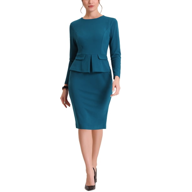 INSPIRE CHIC Vestido ajustado de mujer con peplum, atuendo de maestra para el regreso a clases, cuello redondo, manga larga, vestido de trabajo de cintura alta, midi, azul lago XS