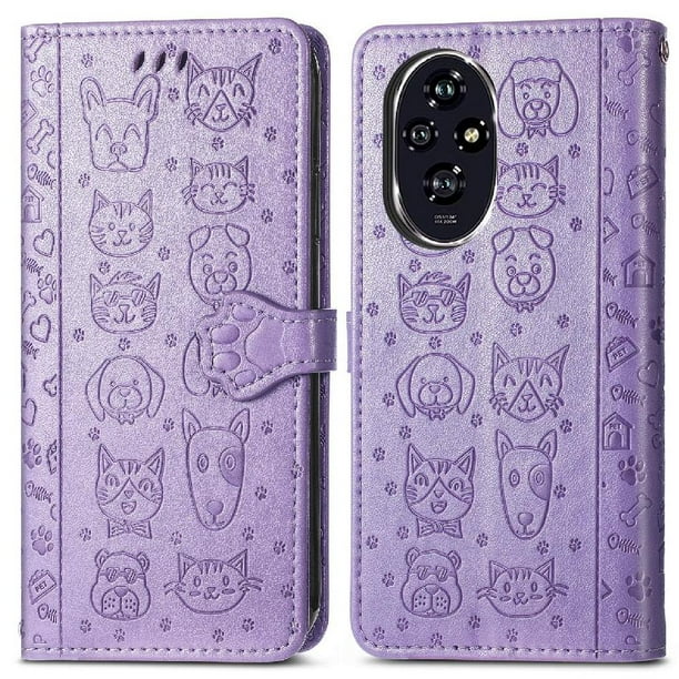 Funda Cartera FOXDOCK para Honor 200 , Flip PU con Relieve de Gatos y Perros, Tarjetero y Soporte