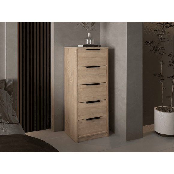 Cómoda Alta Kaia 5 Cajones Rovere Y Blanco 107x45x41 Cm - Muebles Organizadores