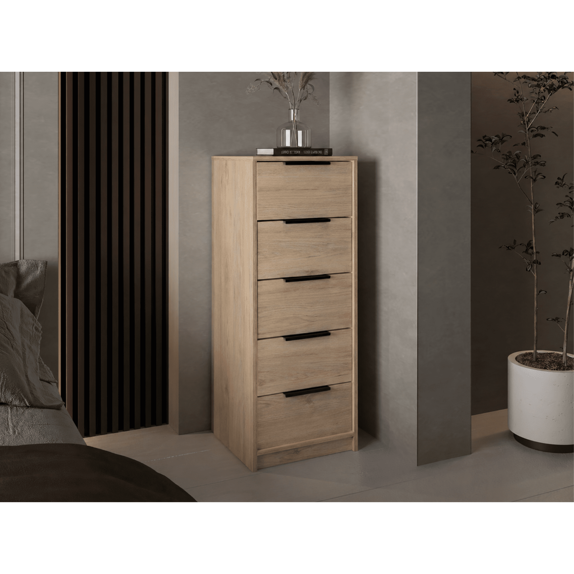 Tuhome - Cómoda Alta Kaia 5 Cajones Rovere Y Blanco 107x45x41 Cm - Muebles Organizadores