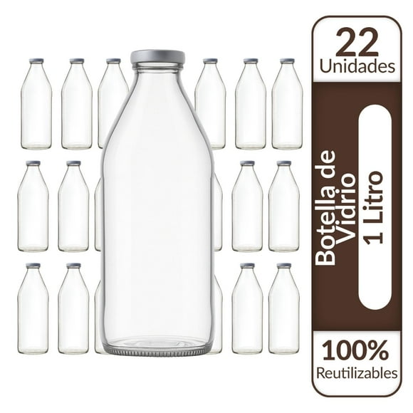Botellas de Vidrio Lechera Jugos 1L 1000 ml c/Tapa - Pack 22