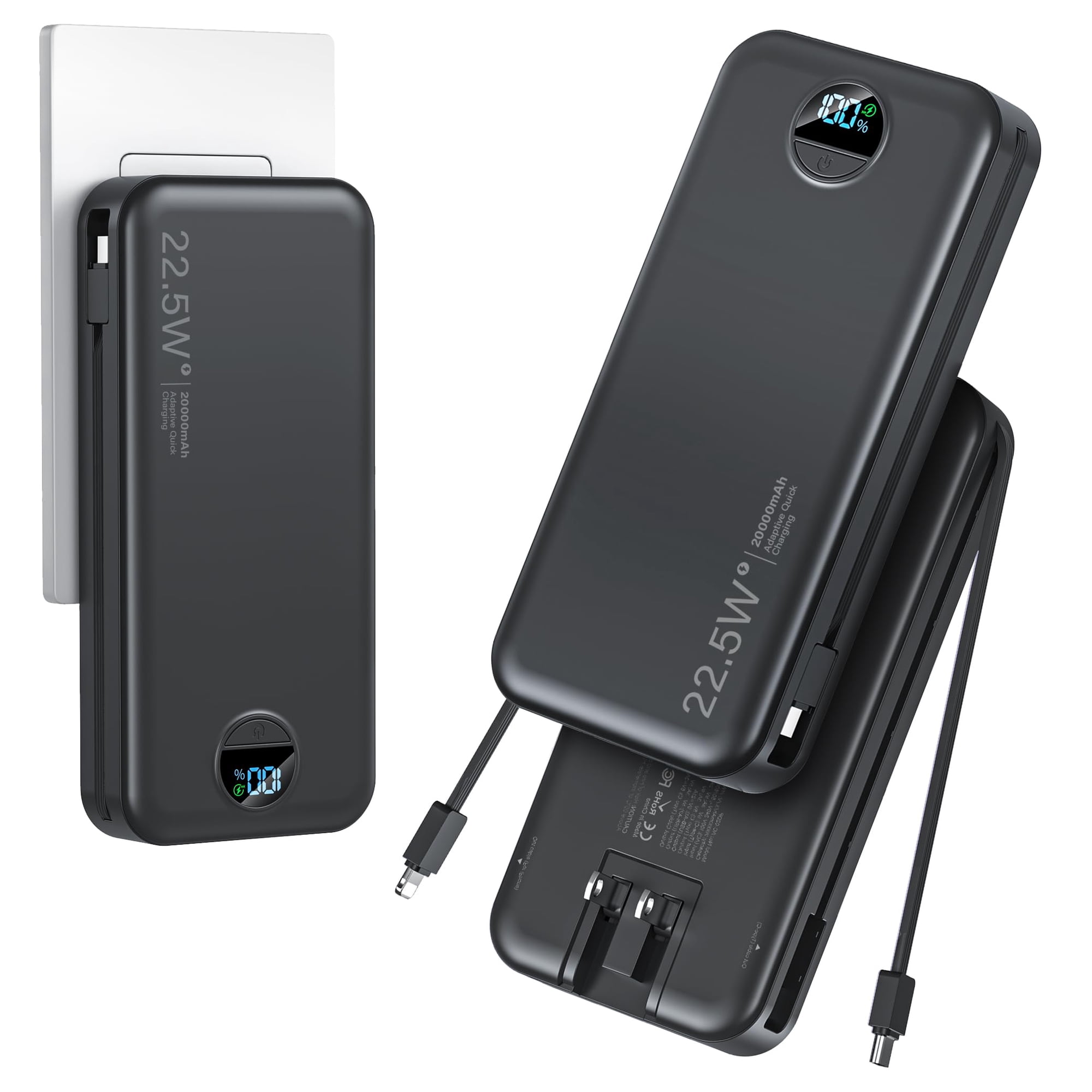 Power Bank Aonidi De 20000 Mah Con Cables Integrados Y Enchufe De Pared Ac