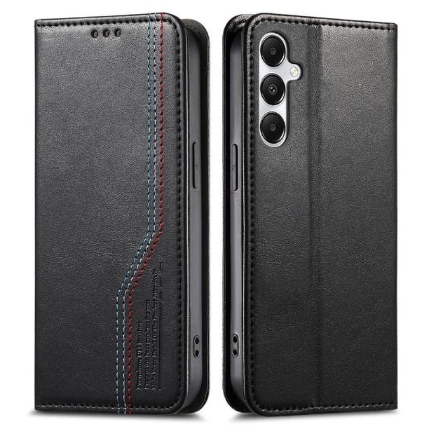 Funda tipo cartera para Samsung Galaxy A55 de piel con cierre magnético, ranuras para tarjetas y correa para la muñeca Negro