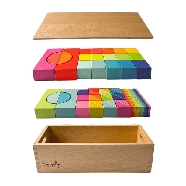 Juego de bloques de construcción Quiggly Montessori de madera con arcoíris, 68 piezas