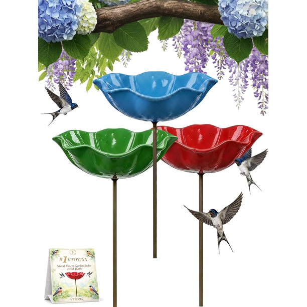 Estacas jardín flor metal 3 uds baño pájaros estación riego abejas colibríes jardín