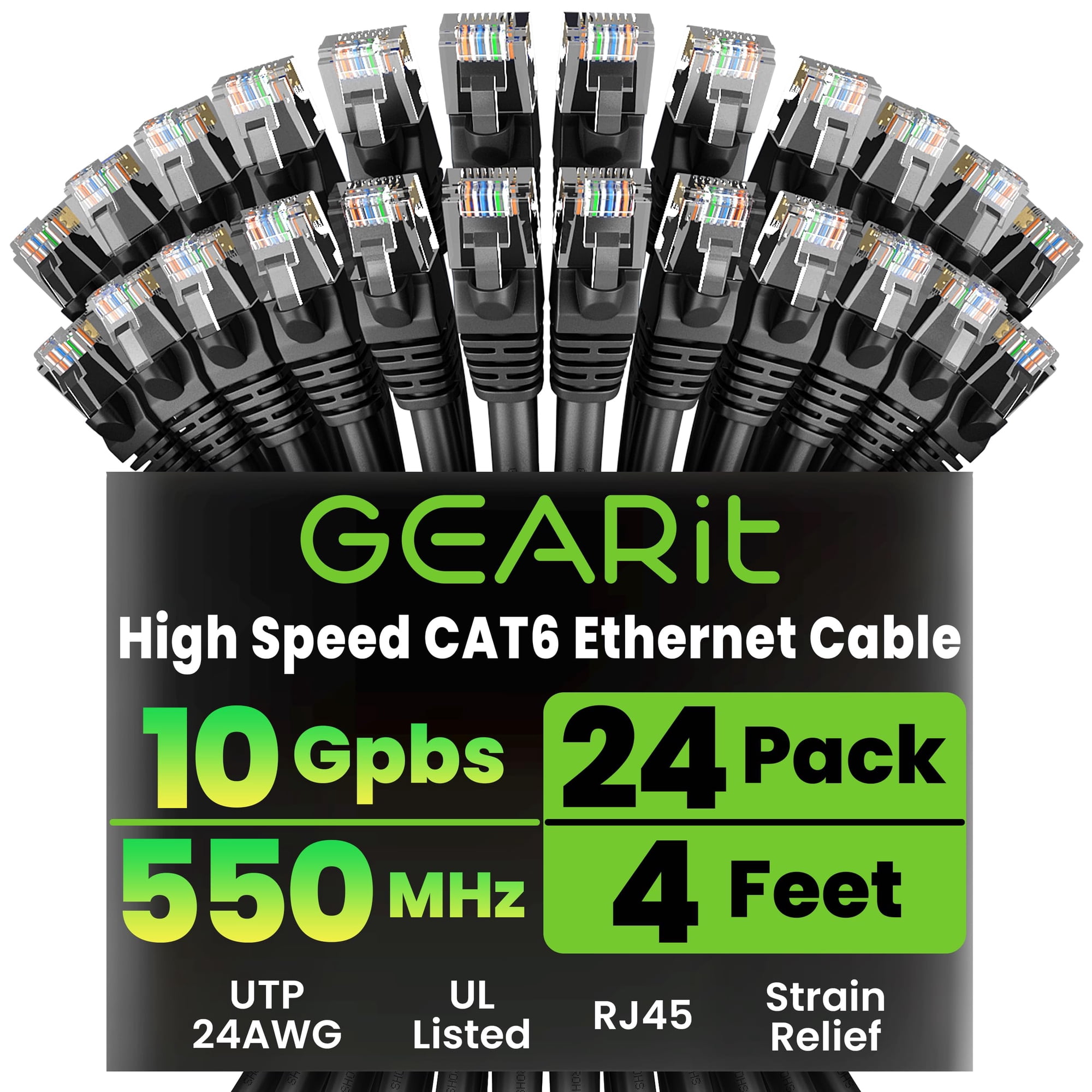 Cable Ethernet Gearit Cat 6, 4 Pies, 24 Unidades, 10 Gbps, Rj45, Negro