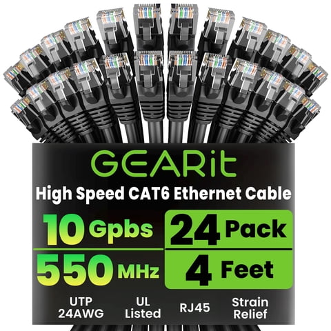 Cable Ethernet Gearit Cat 6, 4 Pies, 24 Unidades, 10 Gbps, Rj45, Negro