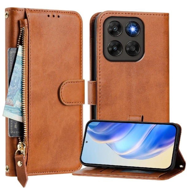 Funda Billetera Cremallera para Motorola Moto G67 con Porta Tarjetas, Soporte y Correa Marrón