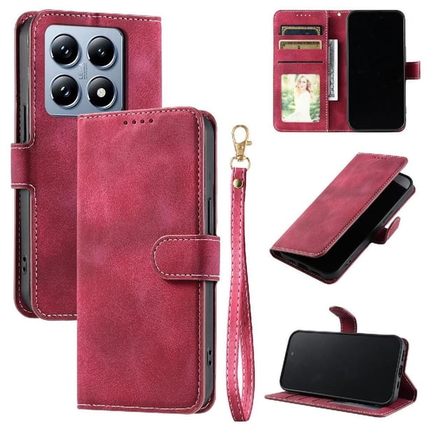Funda Cartera para Xiaomi 14T Tapa con Ranuras, Soporte y Correa Rojo