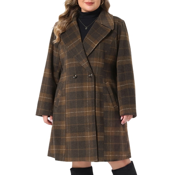 Agnes Orinda Conjuntos de Halloween para Mujeres Tallas Grandes Abrigos de Cuadros Shacket con Solapa Muesca Doble Botonadura Casual Cálido Otoño Invierno Abrigo Medio-Largo 1X Marrón