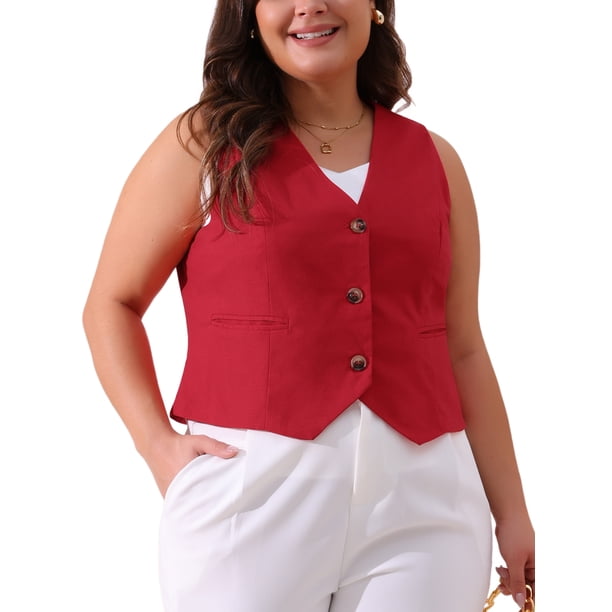 Chaleco de Lino sin Mangas con Botones y Bolsillos para Mujer Plus Size de Agnes Orinda 1X Rojo