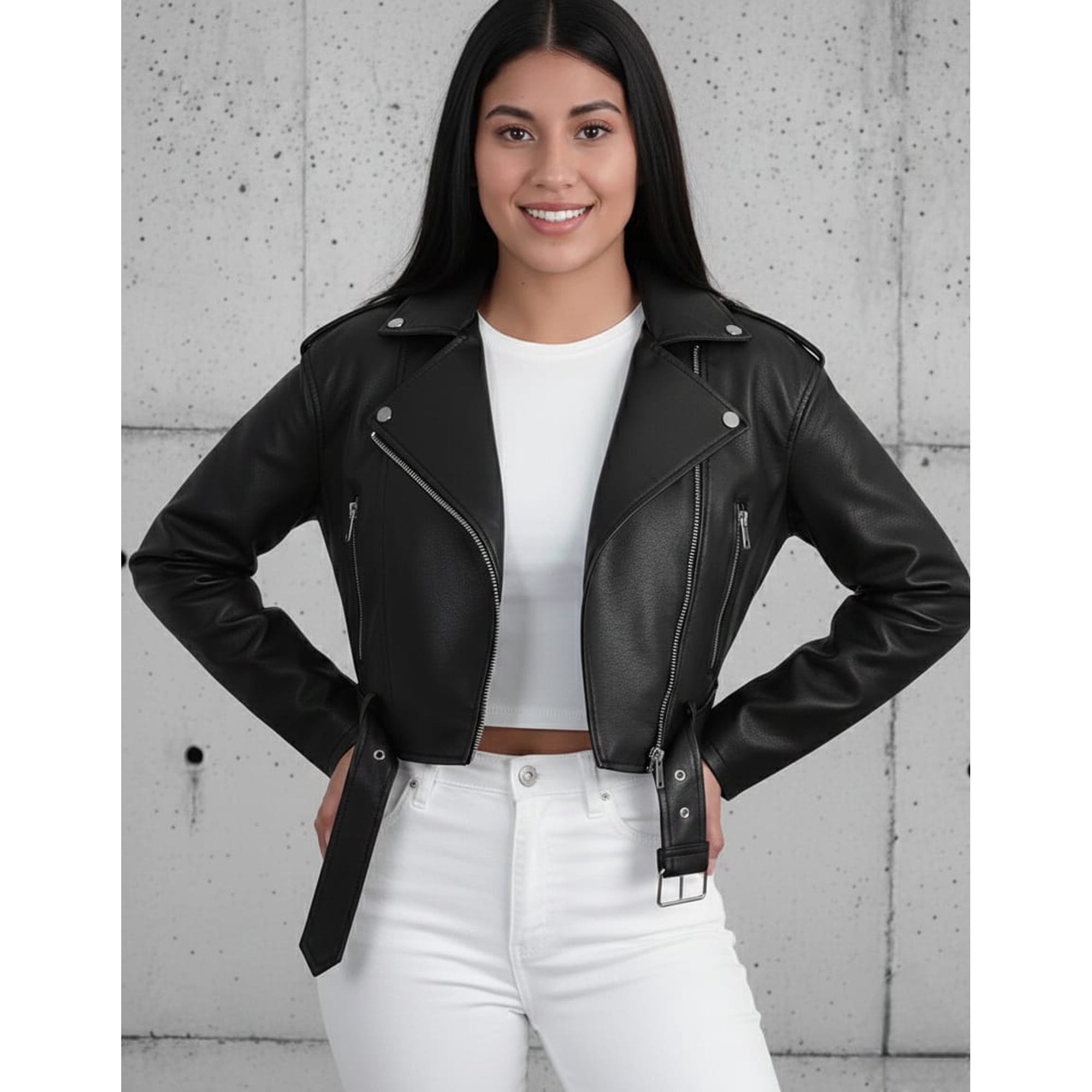 Genérico - Chaqueta Biker De Ecocuero Negra (mujer)