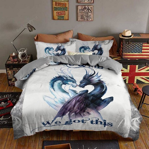 Dragon Couple QuiltDonutDuvet Cover Set Pillowcase 3pc Complete Bedding Set3-Piece Bedding Set (1 Duvet Cover + 2 Pillow Shams)
