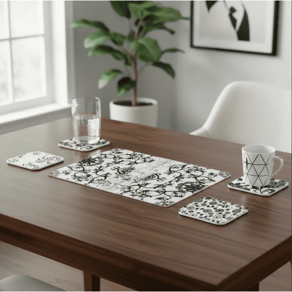 Set 6 Individuales Y 6 Posavasos De Mesa Diseños Modernos B/n