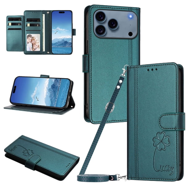 Funda Cartera Trébol para iPhone 17 Pro con Ranuras Tarjetas y Carga Inalámbrica Verde oscuro