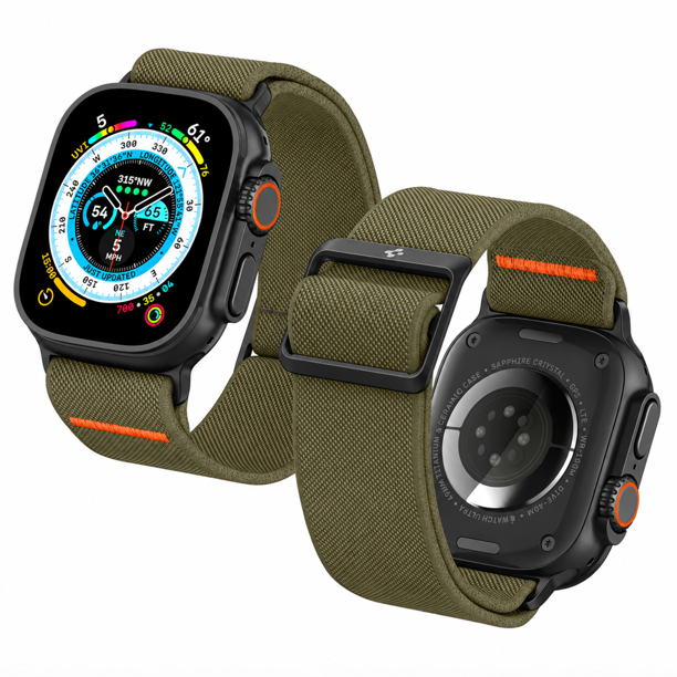 Correa Spigen Lite Fit compatible con Apple Watch – 44 / 45 / 46 / Ultra 49 MM – Tela - Verde / Conector Negro