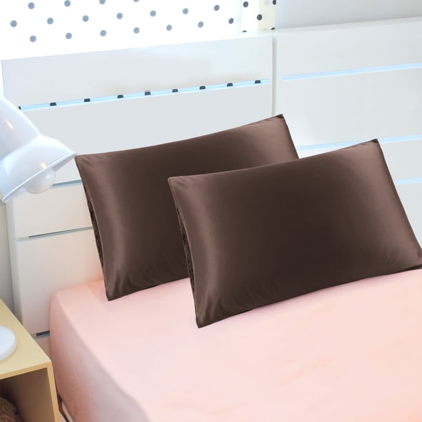 PiccoCasa Fundas de Almohada de Satén de Lujo Juego de 2 Fundas de Almohada Sedosas, Marrón No Estándar