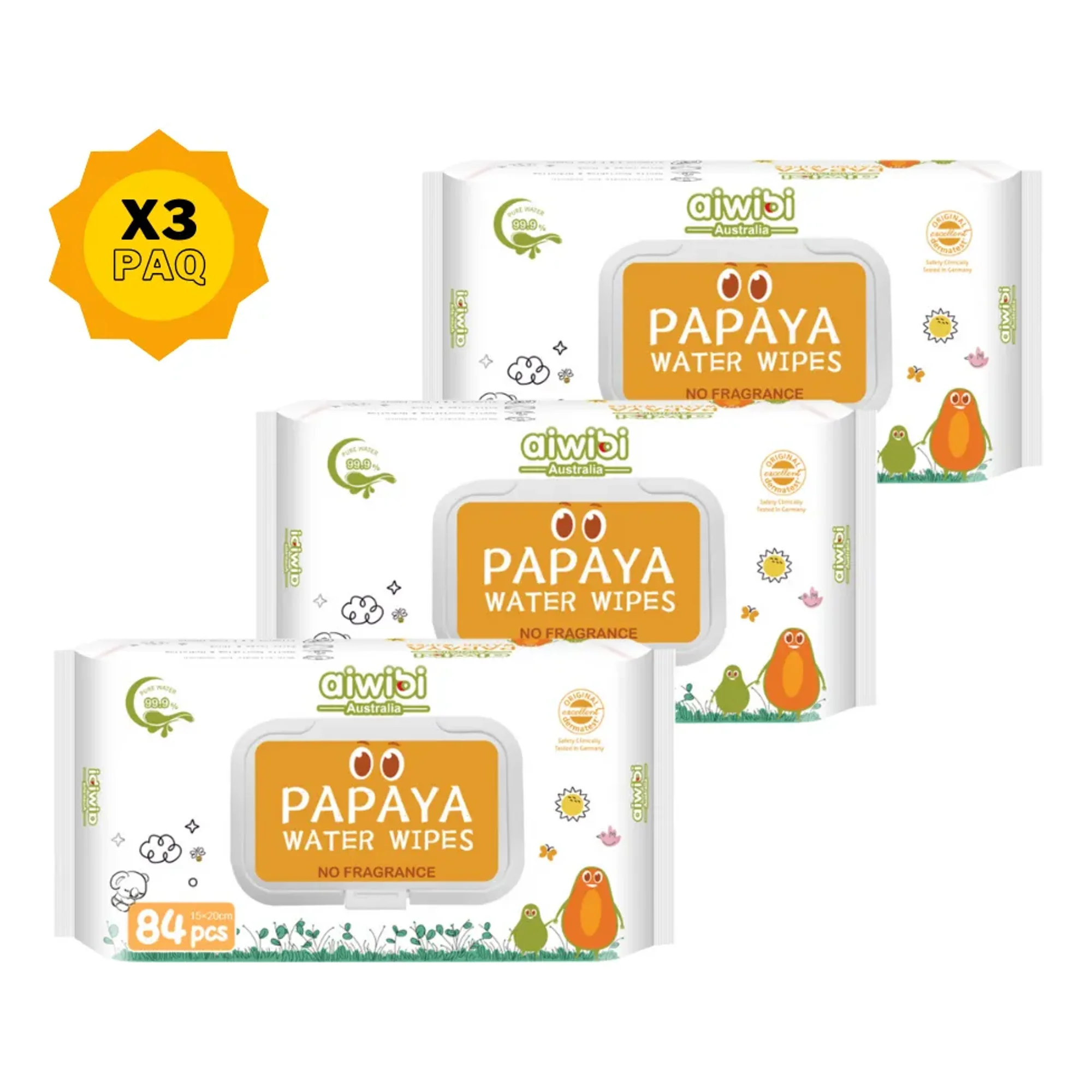 Tripack Toallitas Aiwibi 99.9% Agua Con Fibra De Papaya 3 X 84 Unidades