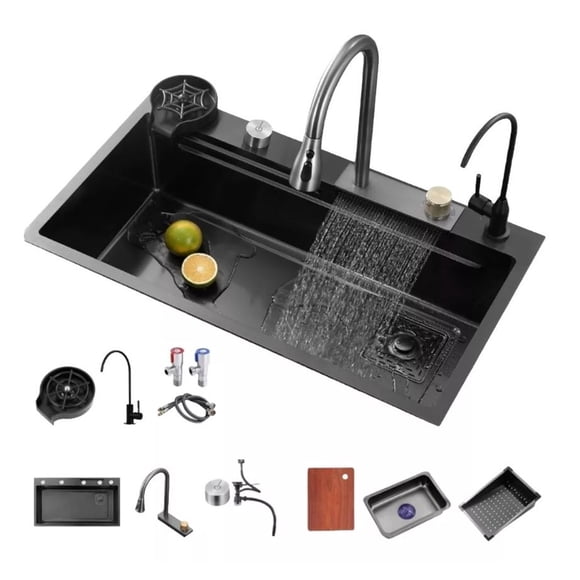 Fregadero de cocina Empotrado 75x45cm Acero Inoxidable accesorio de cocina Color Negro
