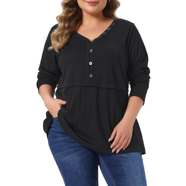 Agnes Orinda Conjuntos de Halloween para Mujeres Tallas Grandes Cuello en V Henley de Canalé con Botones Decorativos Manga Larga Camisa Peplum Acampanada Blusas de Punto Casual 1X Negro