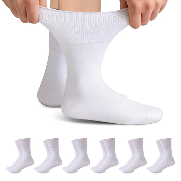 Calcetines Forcool de lana merino para diabéticos, estilo crew, color blanco, talla L, pack de 6 pares