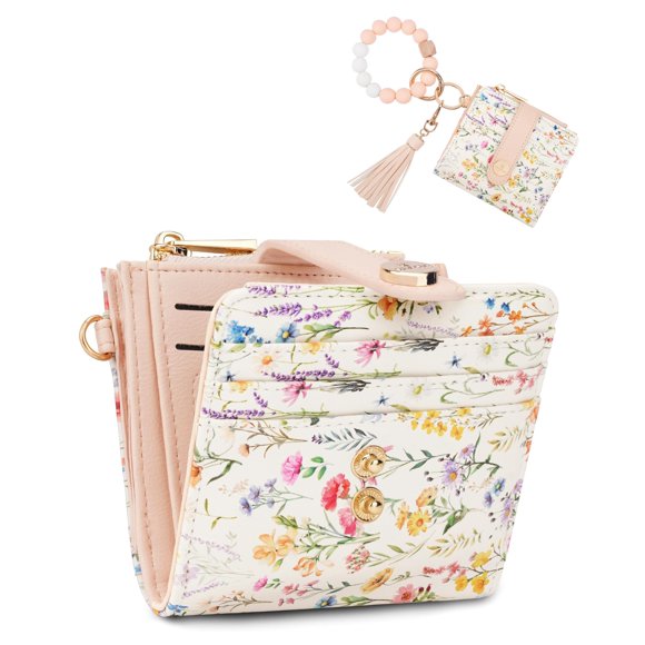 Cartera Sunpour RFID Pequeña con Diseño Floral y Llavero Desmontable