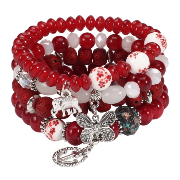 Unique Bohemian Layered Beaded Bracelet - Elephant, Anchor & Butterfly Shaped Pendant - Stretchable & Stackable - Perfect for Summer Beach & Unisex Accessories
