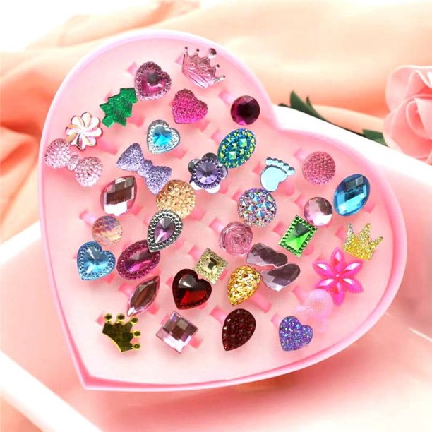 Adjustable Little Girl Jewel Rings Set with Heart Shape Display Case - Perfect for Pretend Play and Dress Up (36 Lovely Rings)