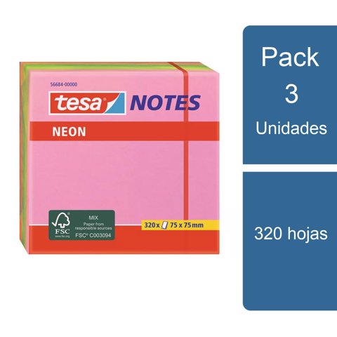 Tesa - Pack 3 Notas Adhesivas Neón 75X75Mm 320 Hojas
