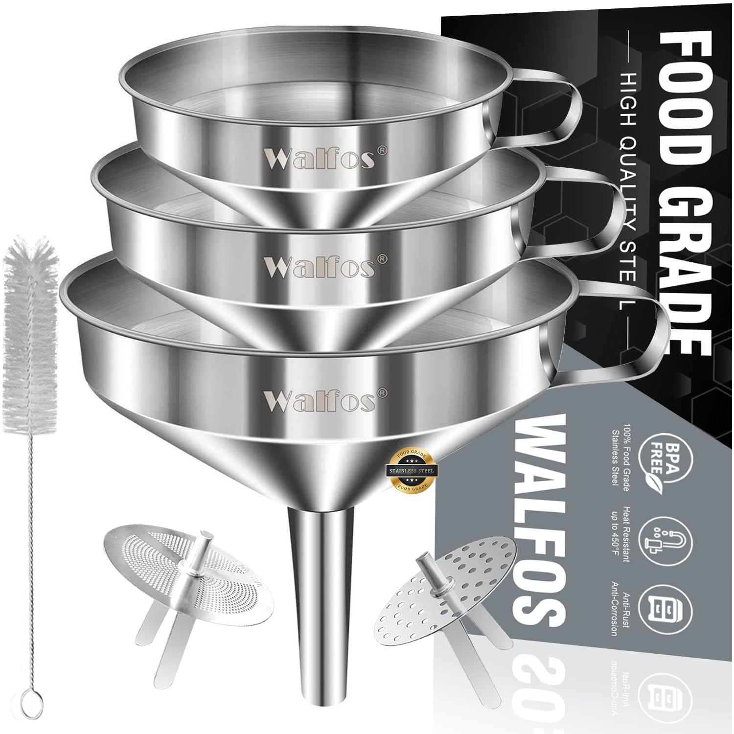 Embudo Walfos De Acero Inoxidable, Paquete De 3 Con Colador Y Cepillo