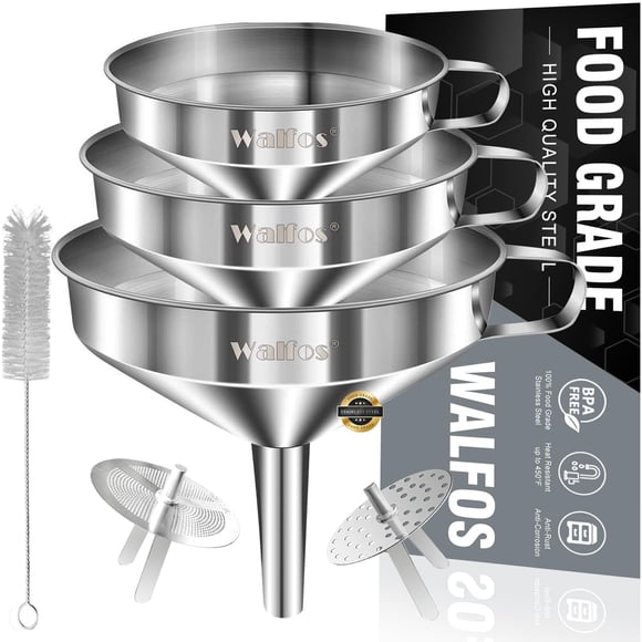 Embudo Walfos de acero inoxidable, paquete de 3 con colador y cepillo