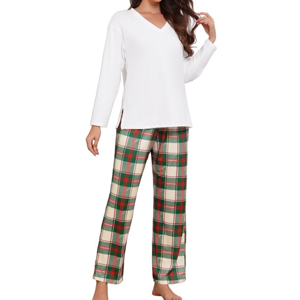 INSPIRE CHIC Conjunto de Pijamas a Cuadros para la Familia Botón Abajo Conjuntos a Juego de Navidad Ropa de Descanso de Vacaciones Conjunto de Top y Pantalones Mangas Largas S Mujer