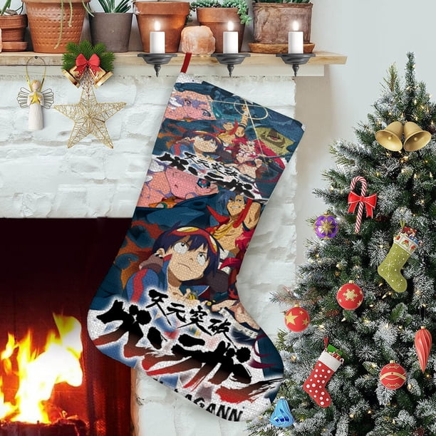 Gurren Lagann Tema: Calcetines de Navidad, fino lino blanco para colgar en escaleras y chimenea, decoración navideña para el hogar, regalo de Navidad.54cm×38cm