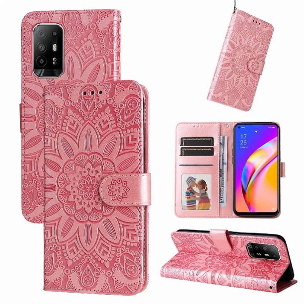 Funda tipo cartera FOXDOCK para OPPO A95 5G , diseño girasol en relieve, cuero PU, cierre magnético, soporte y tarjetero
