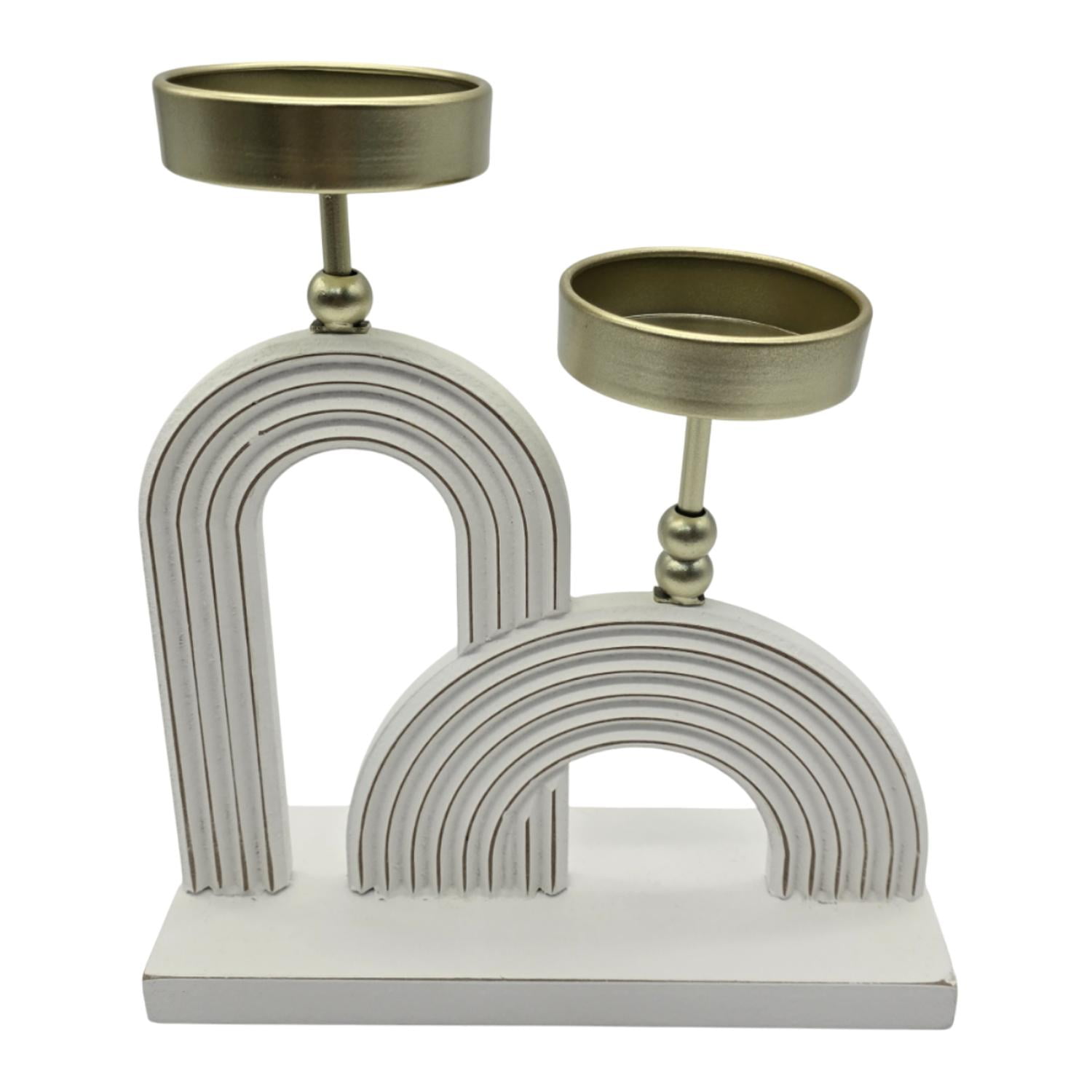 Fliperex - Candelabro Porta Vela Doble De Madera Blanco Con Dorado Blanco