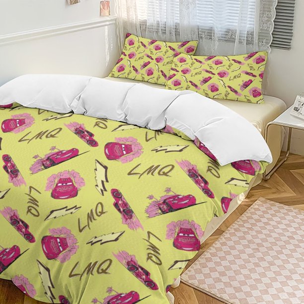 Yellow Cars Lightning Mcqueen Comforter Set Soft 3 Pcs Twin Bedding Sets Thicken for All Season