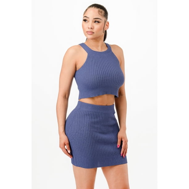 Saronite Conjunto de Dos Piezas de Camiseta sin Mangas con Cuello Halter y Minifalda Ajustada, Azul Vaquero (para Mujer)