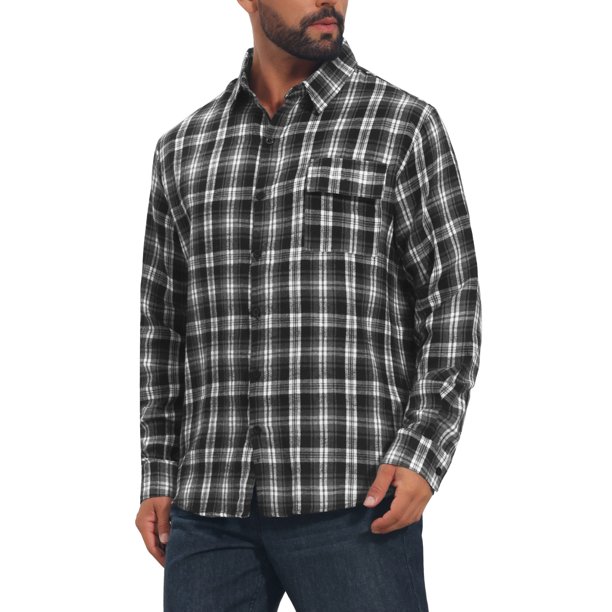 INSPIRE CHIC Camisa de Cuadros para Hombre de Manga Larga con Botones Camisas Casuales Vintage Ligeras L Negro