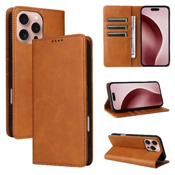 Funda Cartera para iPhone 16 Pro con Ranuras Tarjetas y Soporte - Protección Completa Marrón