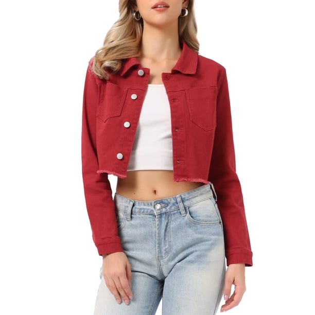 INSPIRE CHIC Chaqueta de Mezclilla Recortada Lavada de Primavera Verano con Botones Desgastados para Mujer de Regreso a Clases Roja M