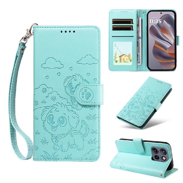 Funda Cartera para Motorola Edge 50 Neo 5G Perro Cachorro Grabado con Tarjetas Soporte Correa Verde