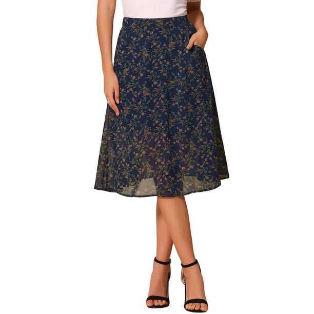 INSPIRE CHIC Falda Midi Línea A para Mujer Vuelta al Colegio Estampado Floral Chiffon Vintage Verano Faldas Azul Marino L