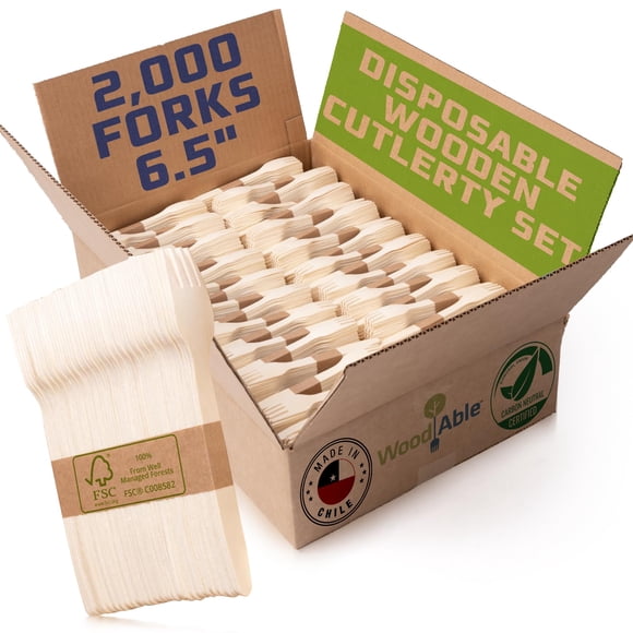 Tenedores desechables de madera WOODABLE, paquete de 2000 unidades, 16,5 cm, ecológicos